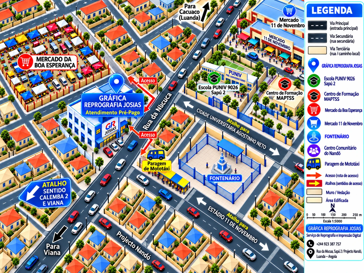 Croqui ilustrativo da GR JOSIAS na Rua da Múcua, próximo da Escola PUNIV, com referências visuais da zona do Sapú 2 e Projecto Nandó.